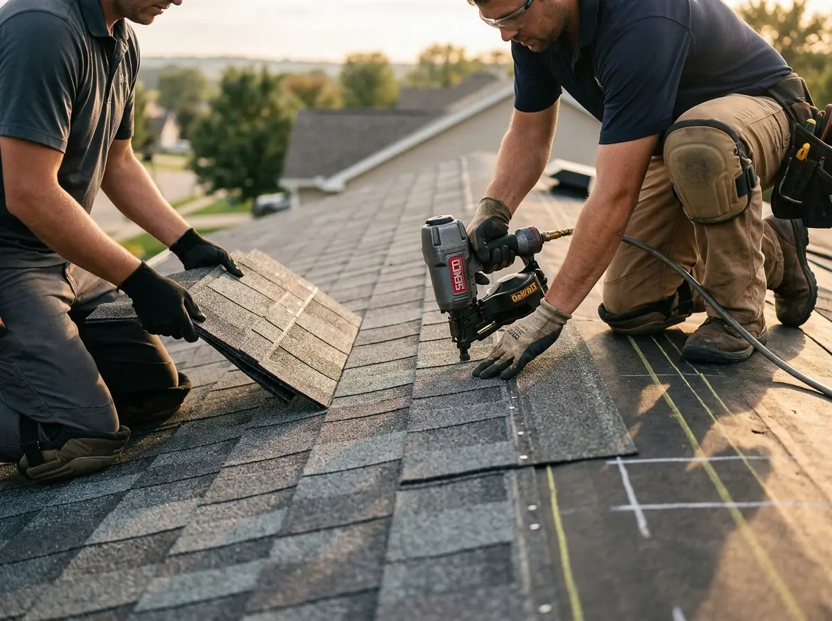 Professional roofer working on a residential roof in Madera